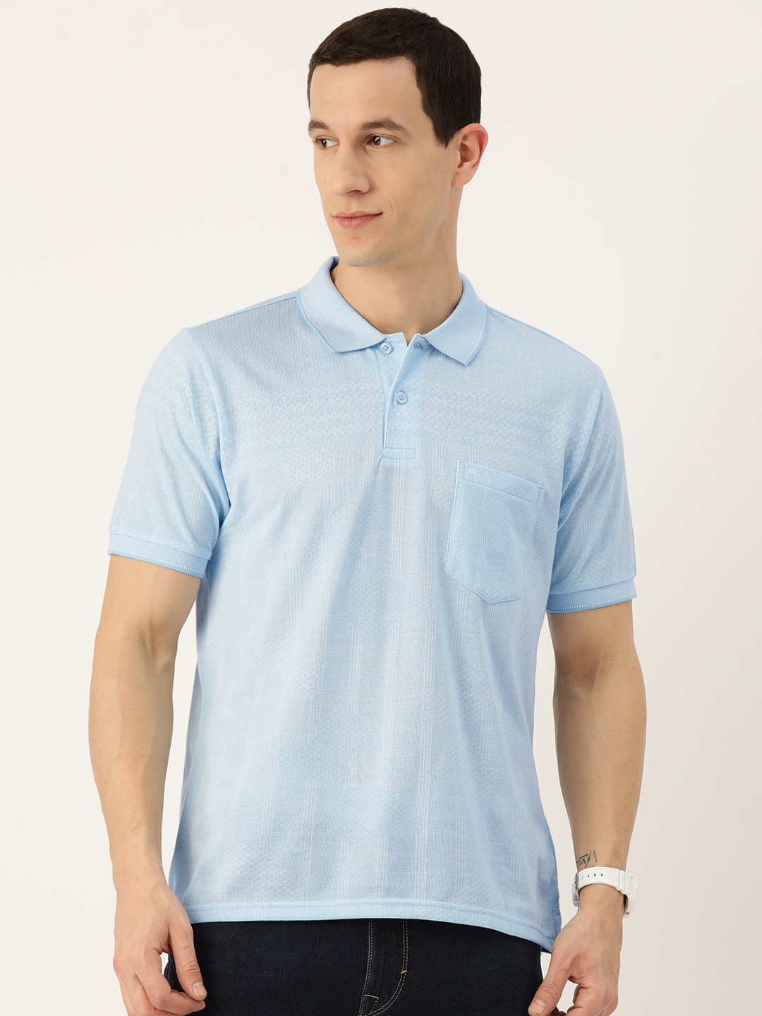 

Monte Carlo Geometric Woven Design Polo Collar Chest Pockets Detailed T-shirt, Blue