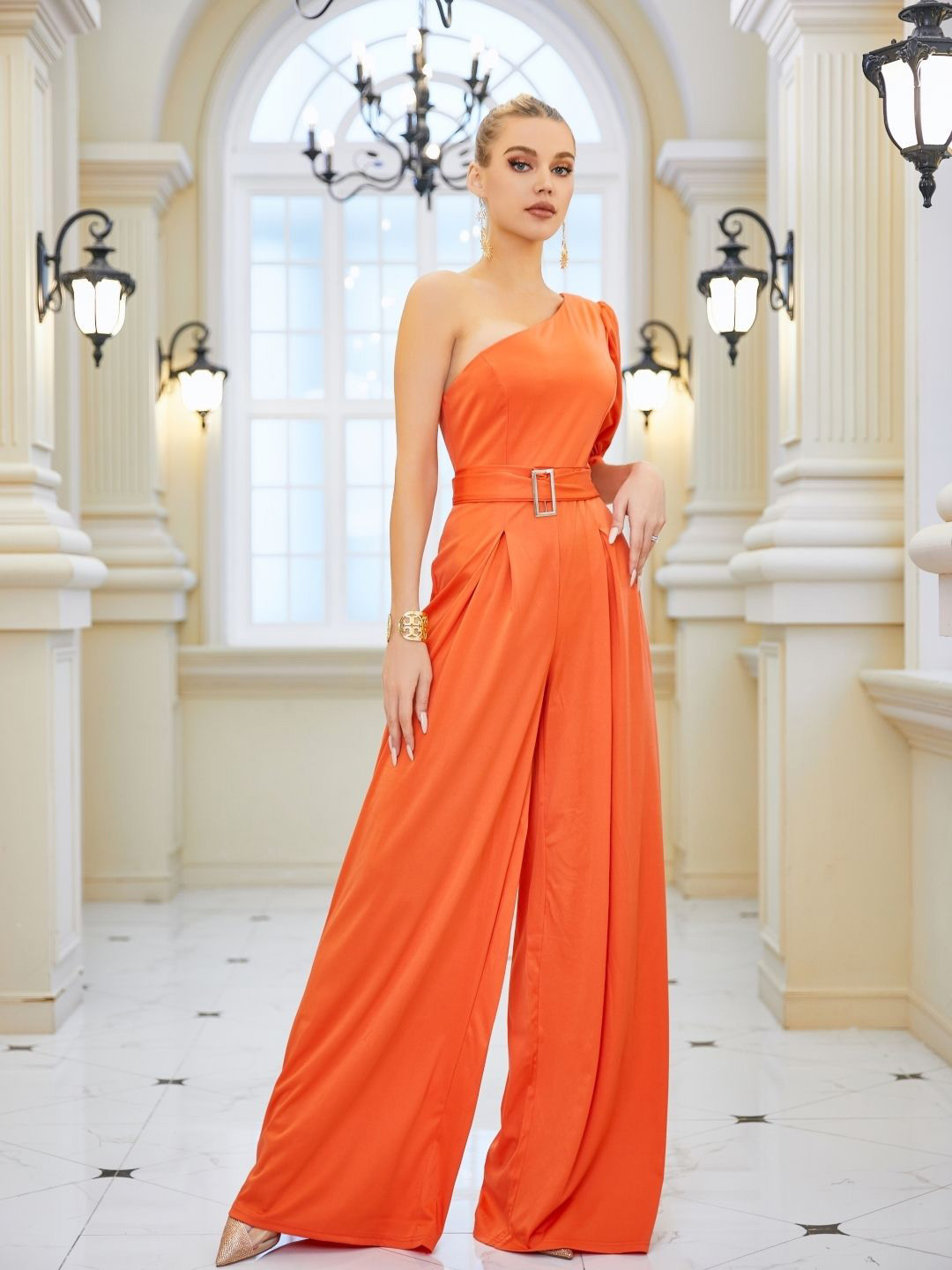 

KPOP Women Solid One Shoulder Basic Jumpsuit, Orange