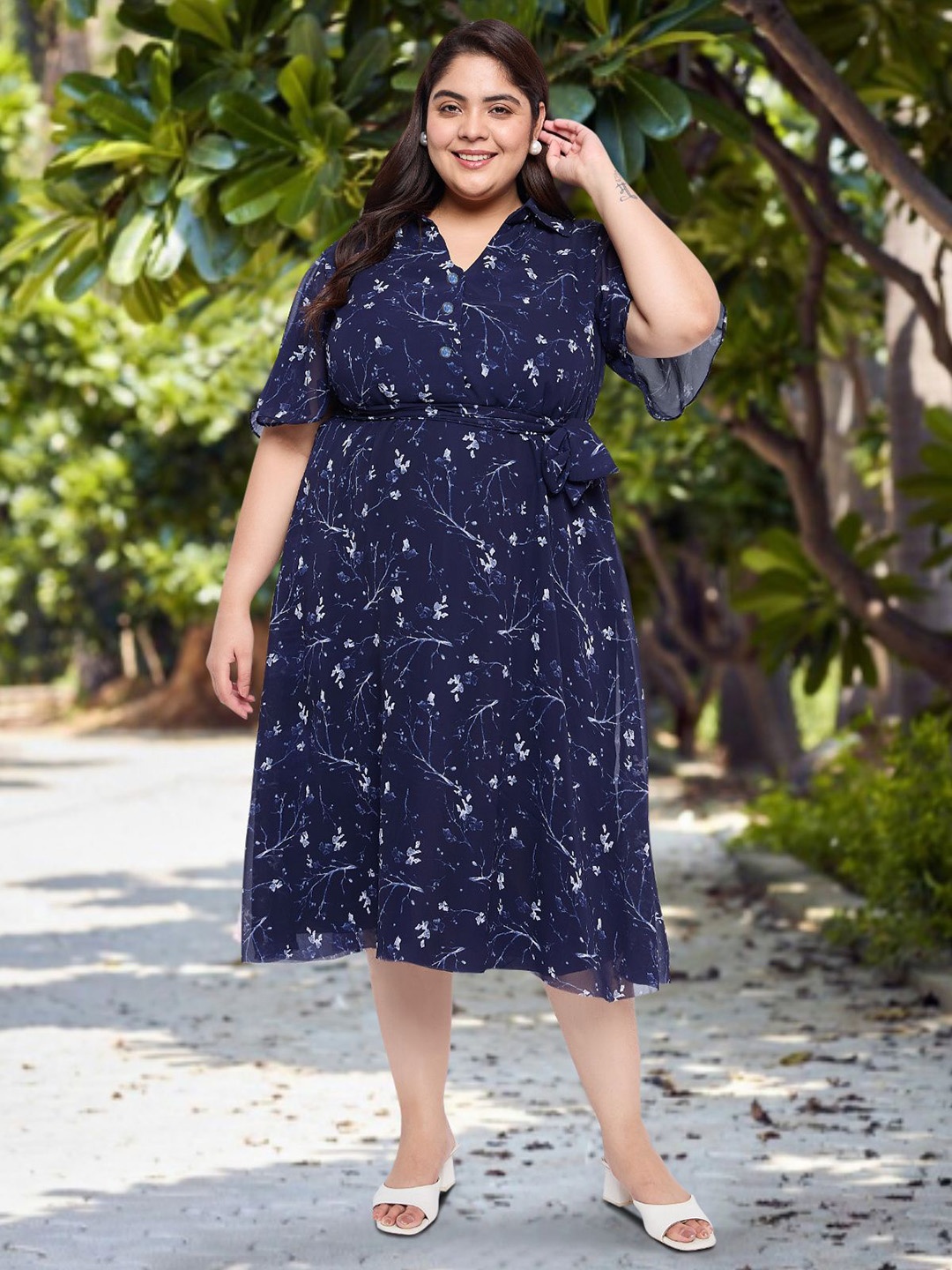 

wild U Women Floral Printed Flared Sleeve A-Line Midi Dress, Navy blue