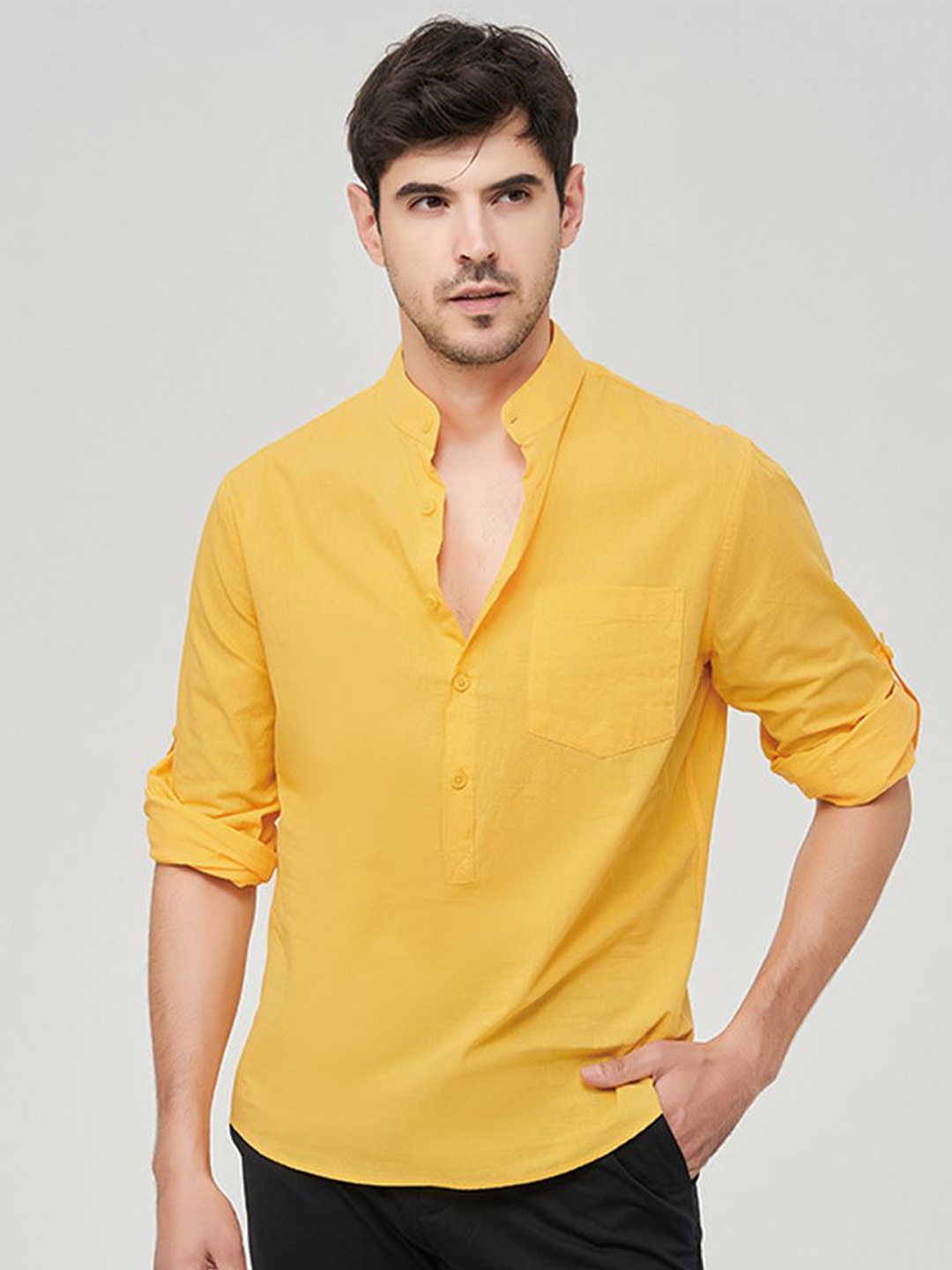 

StyleCast x Revolte Men Band Collar Solid Cotton Casual Shirt, Yellow