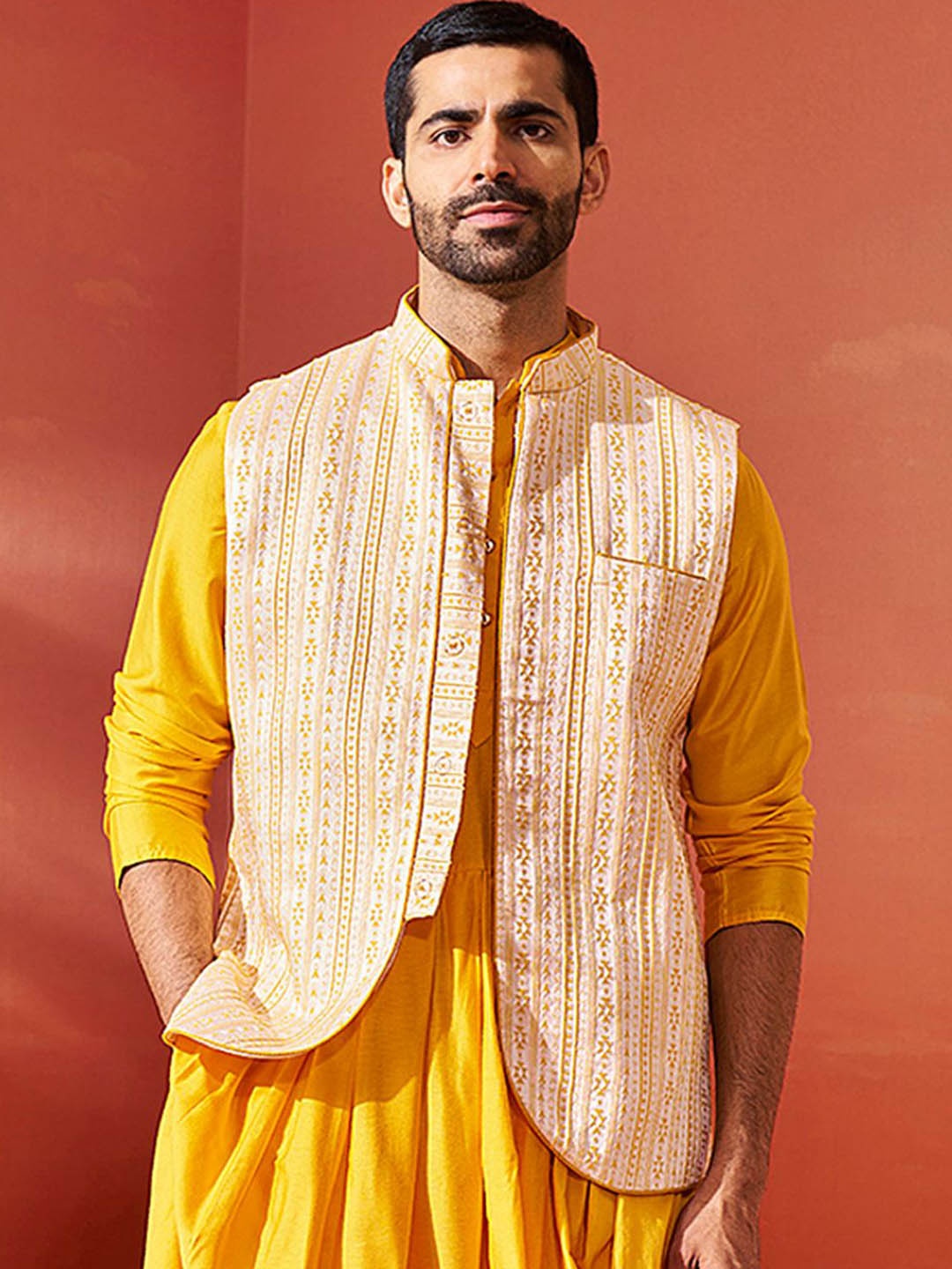 

VASTRAMAY Men Woven Design Nehru Jacket, Yellow