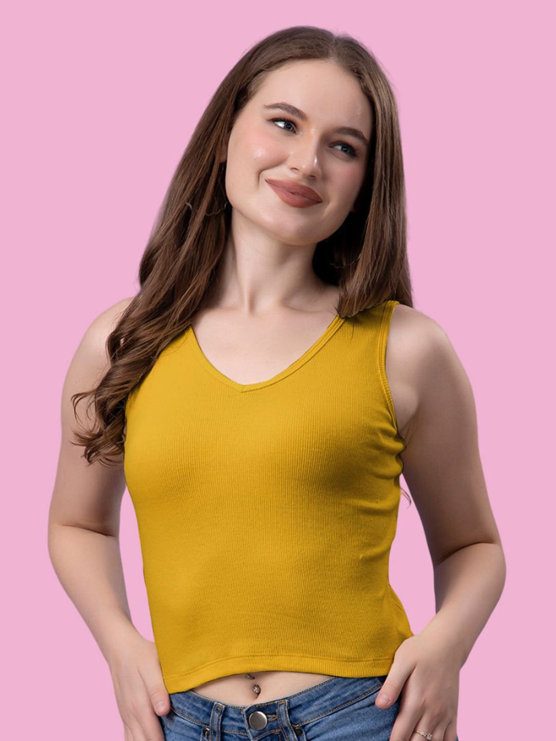 

Friskers Women Solid V-Neck Cotton Top, Mustard
