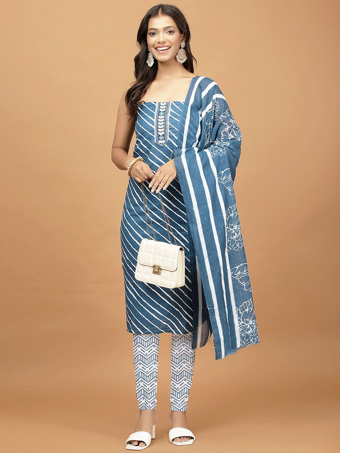 

Meena Bazaar Leheriya Printed Thread Work Unstitched Dress Material, Blue