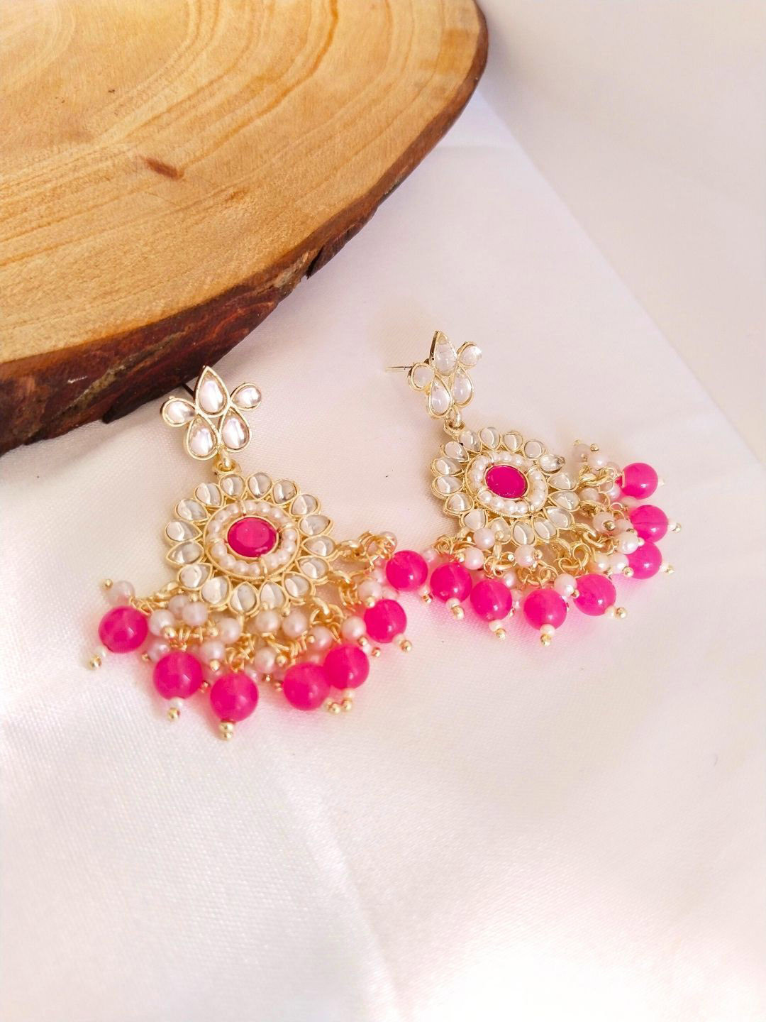 

Anouk Gold Plated Kundan Studded Meenakari Floral Chandbalis, Pink
