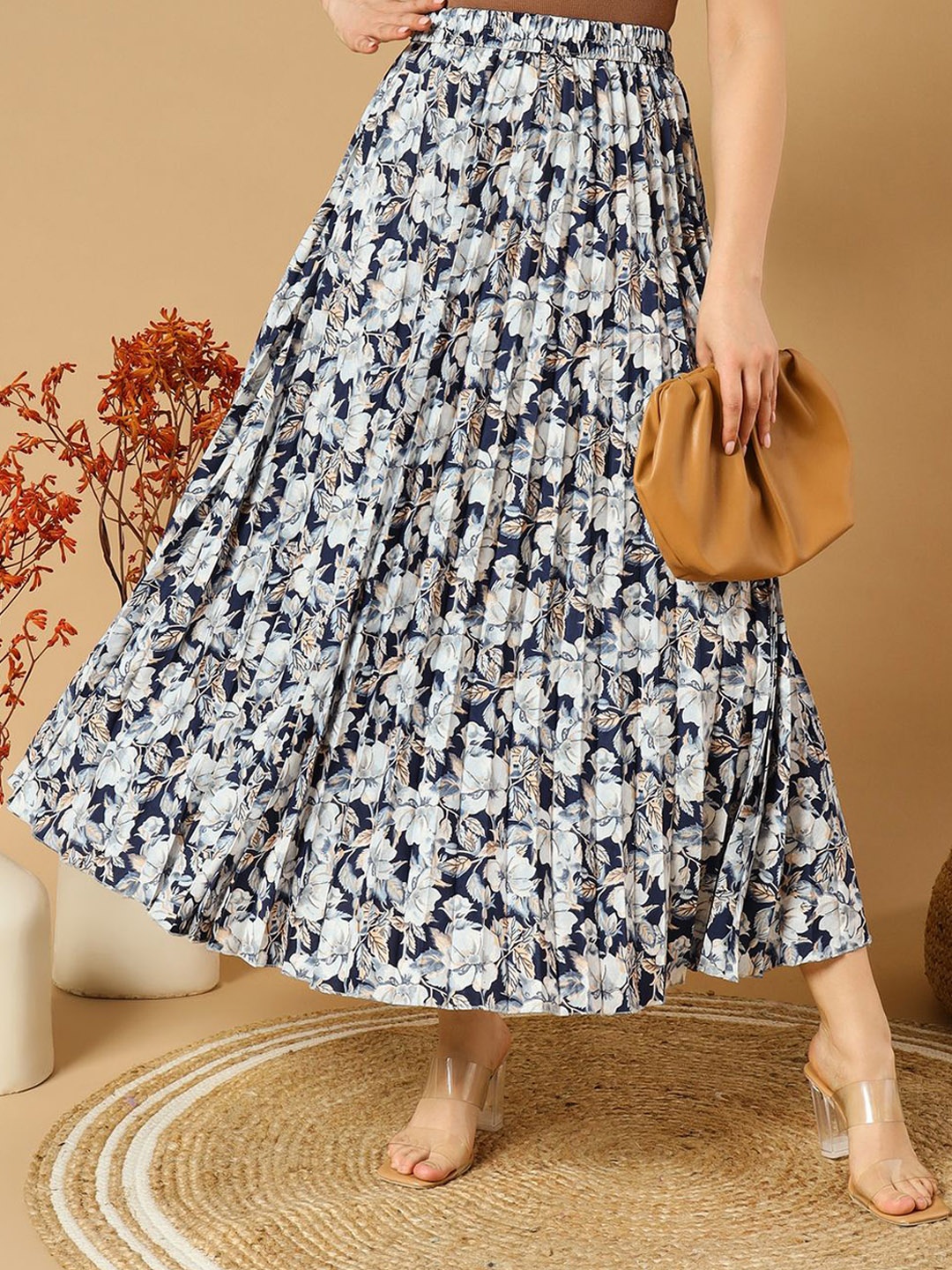 

ZWERLON Floral Printed Flared Maxi Skirt, Navy blue