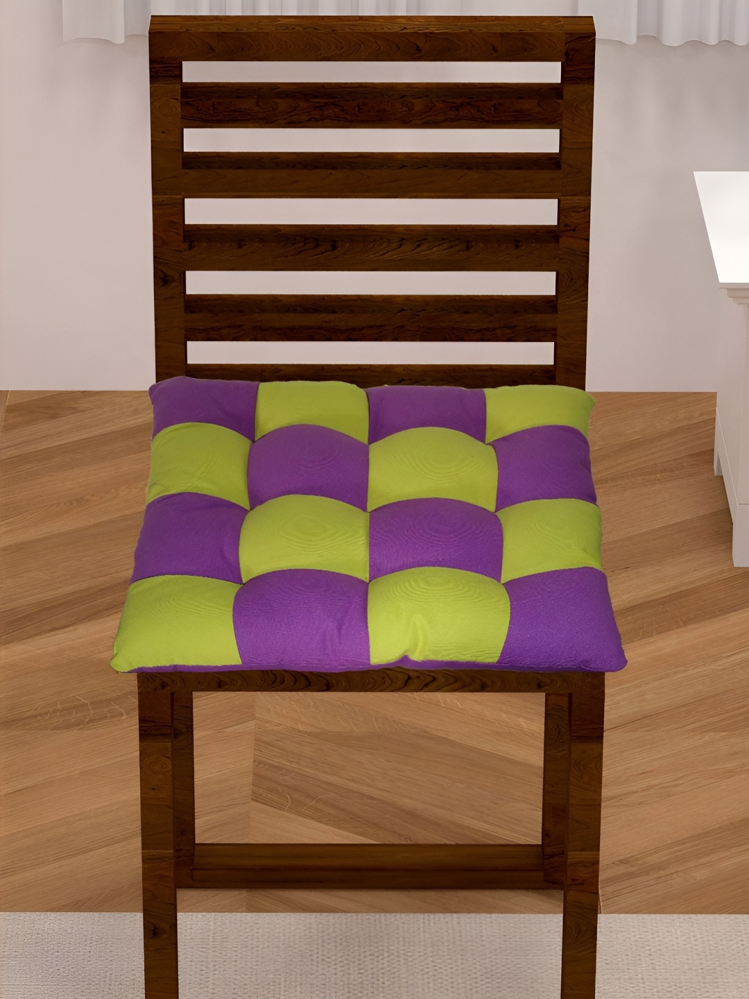 

Lushomes Purple & Green Checked Cotton Square Chair Pads