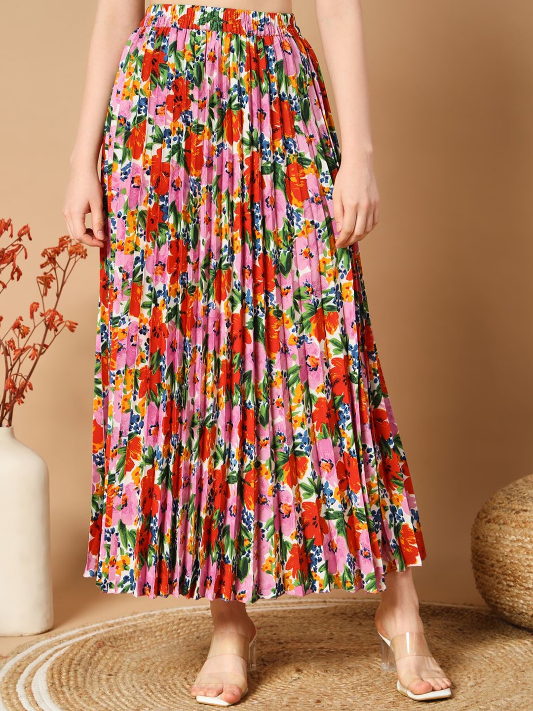 

ZWERLON Floral Printed Pleated Maxi A-Line Skirt, Pink