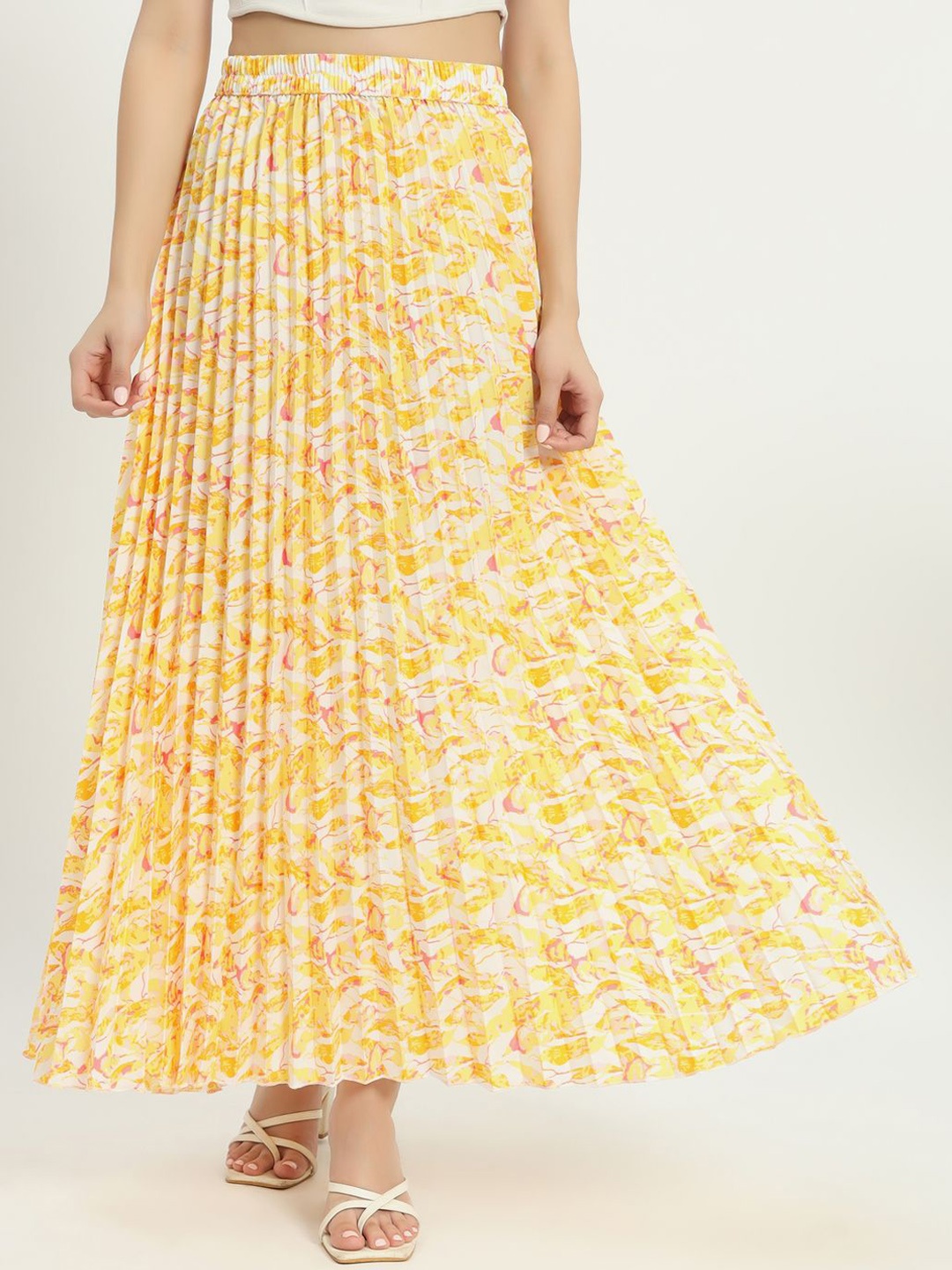 

ZWERLON Printed Pleated A-Line Maxi Skirt, Yellow