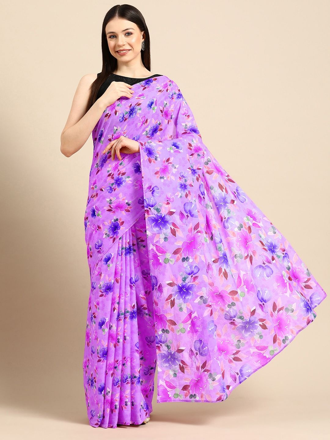 

BUTA BUTI Floral Printed Pure Cotton Saree, Lavender