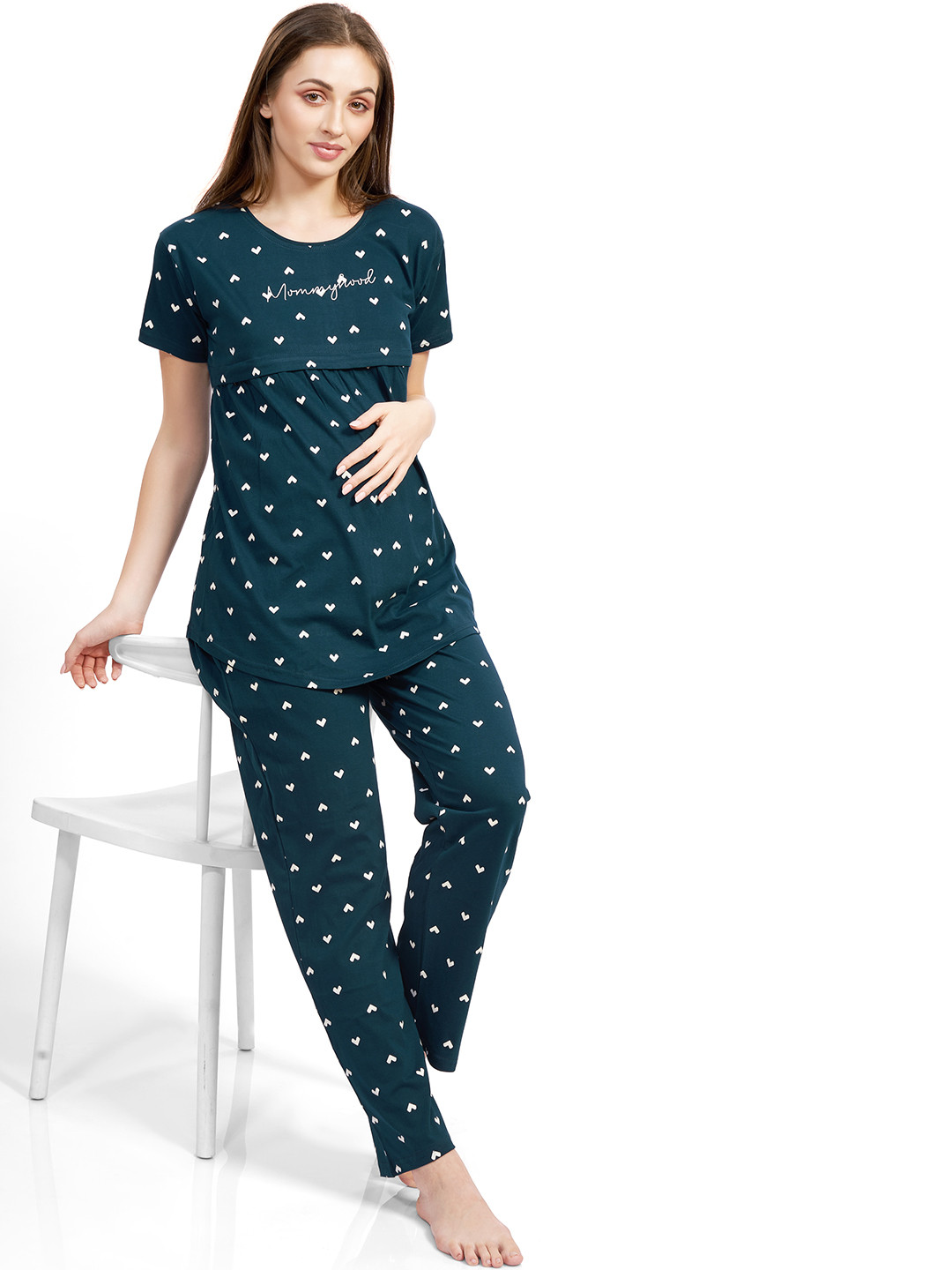 

PASTEL CLIP Women Printed Maternity Pure Cotton Night suit, Green