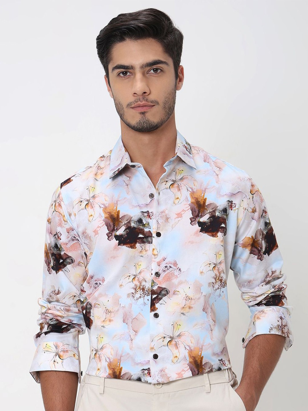 

Mufti Men Spread Collar Abstract Printed Cotton Slim Fit Casual Shirt, Pink