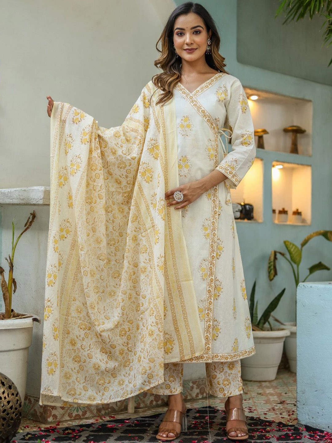 

Benaaz Floral Printed V-Neck Angrakha Pure Cotton A-Line Kurta with Trousers & Dupatta, Cream