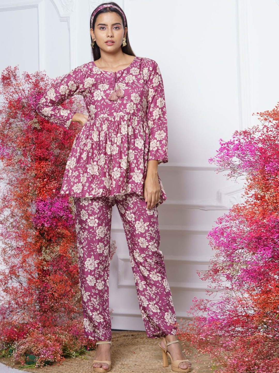 

AUTUMN LANE Floral Printed Tie Up Neck Pure Cotton Tunic & Trousers, Purple