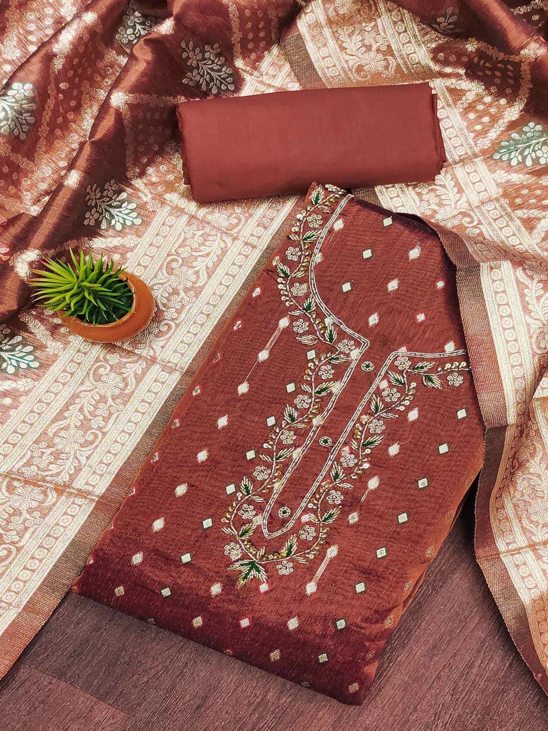 

Peachmode Geometric Woven Design Beads and Stones Unstitched Dress Material, Rust