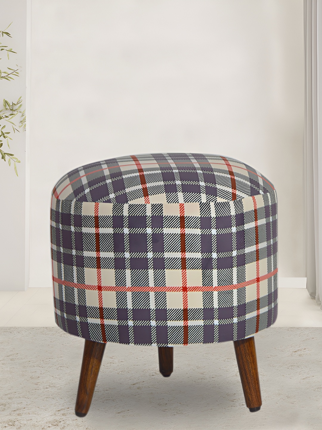 

GLOBALLY INDIAN Beige & Grey Printed Wooden Round Puff Ottoman