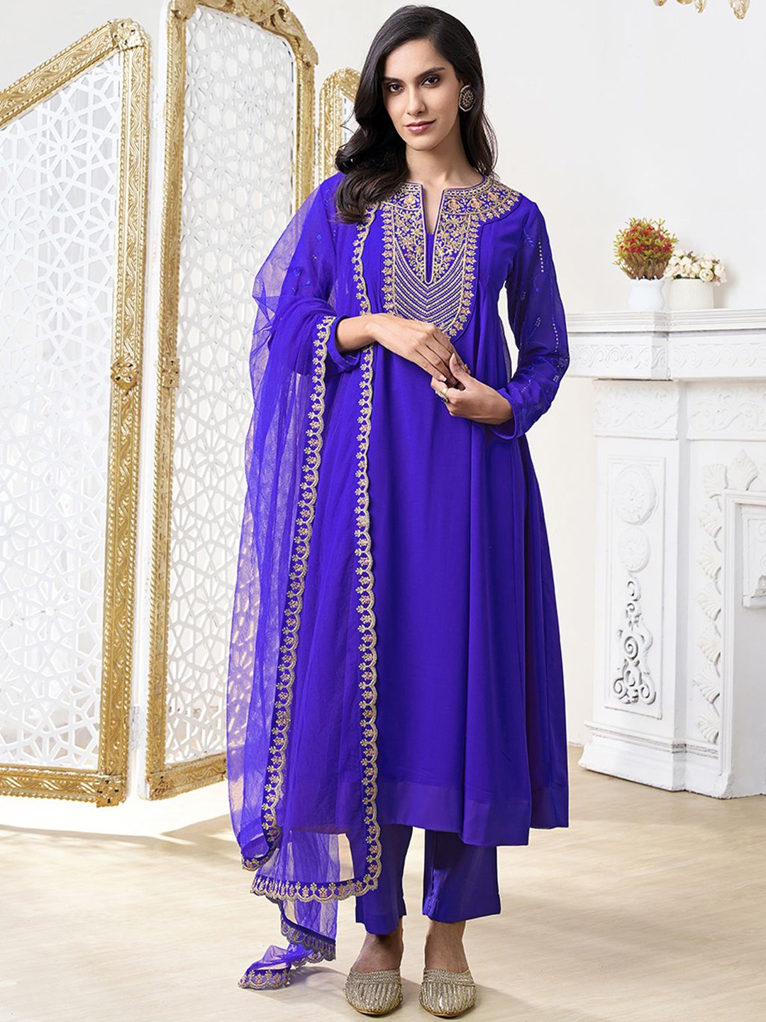 

Inddus Floral Yoke Design Notch Neck Zari Georgette A-Line Kurta With Trousers & Dupatta, Blue