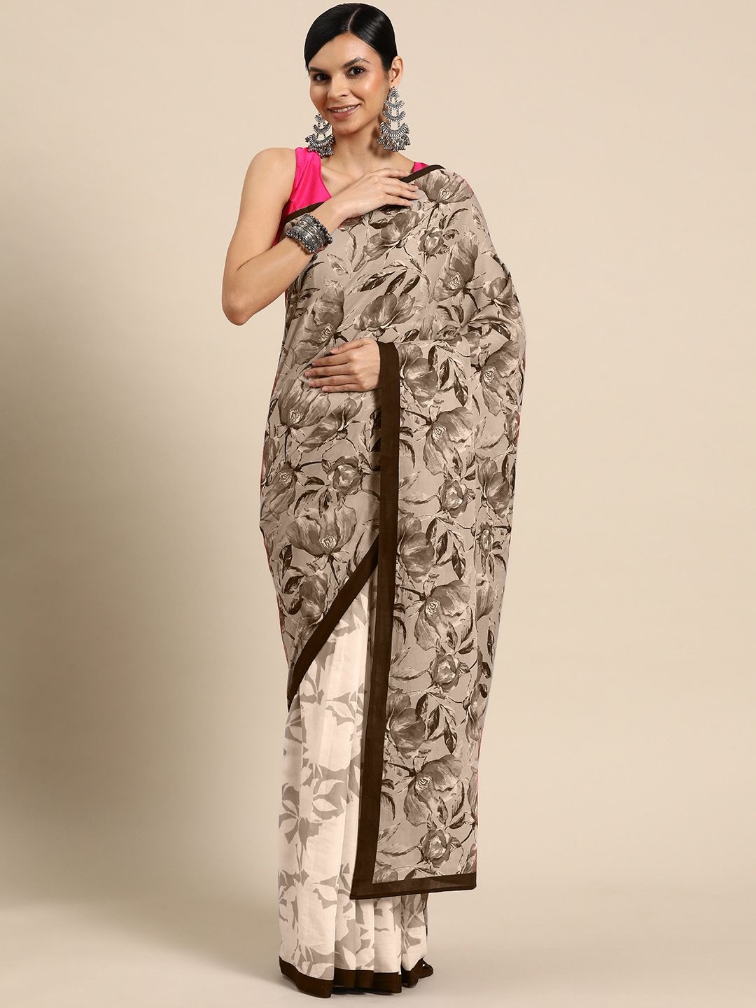 

BUTA BUTI Floral Printed Pure Cotton Saree, Coffee brown