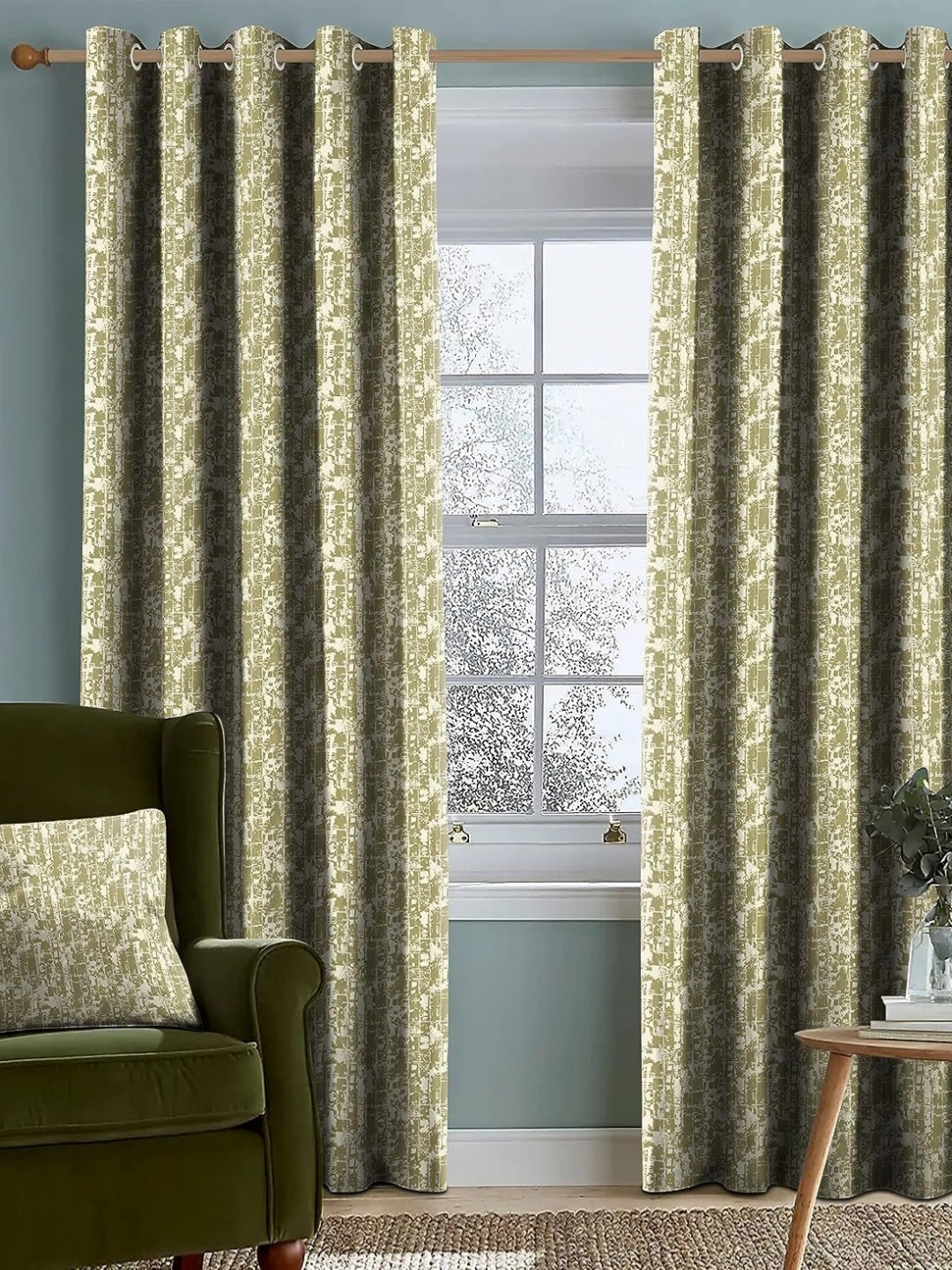 

Nefertiti Home Olive Green Set of 2 Floral Black Out Door Curtain
