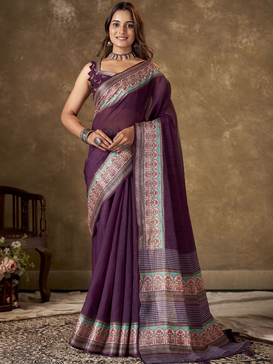 

KAYOMMI Pure Linen Bhagalpuri Saree, Purple