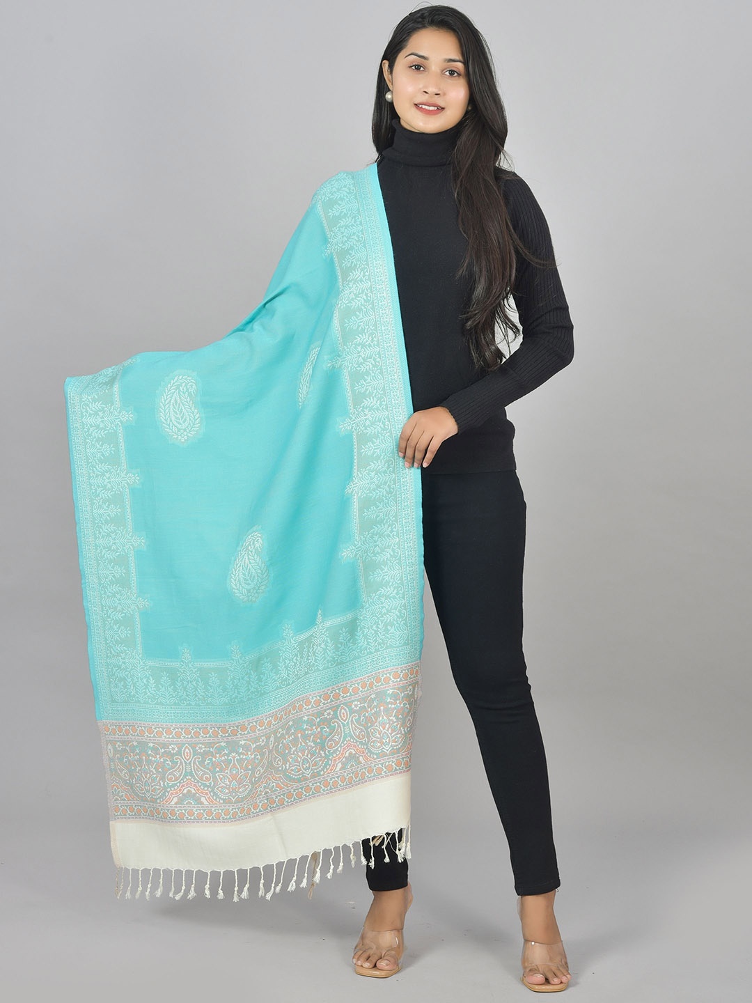 

BAISA Paisley Woven Design Jacquard Shawl, Turquoise blue