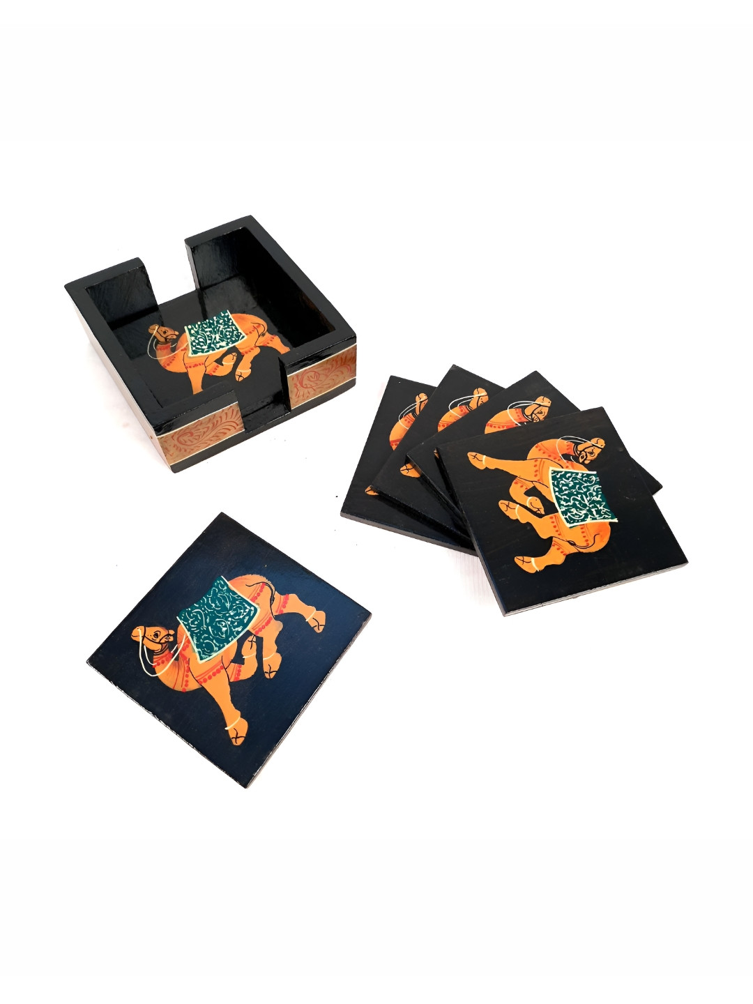 

apka mart 5-Pcs Black & Yellow Wooden Printed Coasters