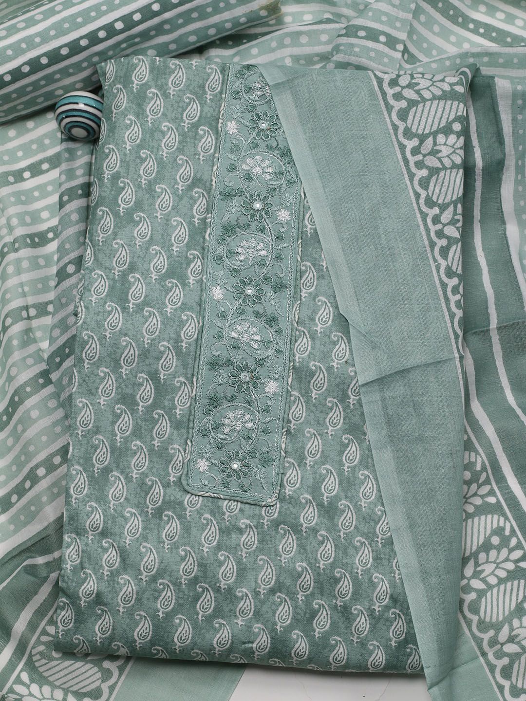 

Meena Bazaar Floral Printed Unstitched Dress Material, Sea green