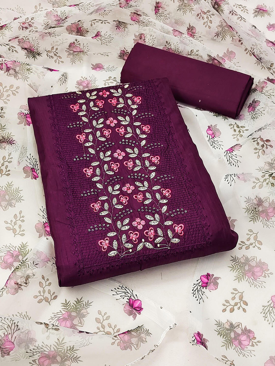 

KALINI Ethnic Motifs Sequinned Embroidered Pure Cotton Unstitched Dress Material, Magenta