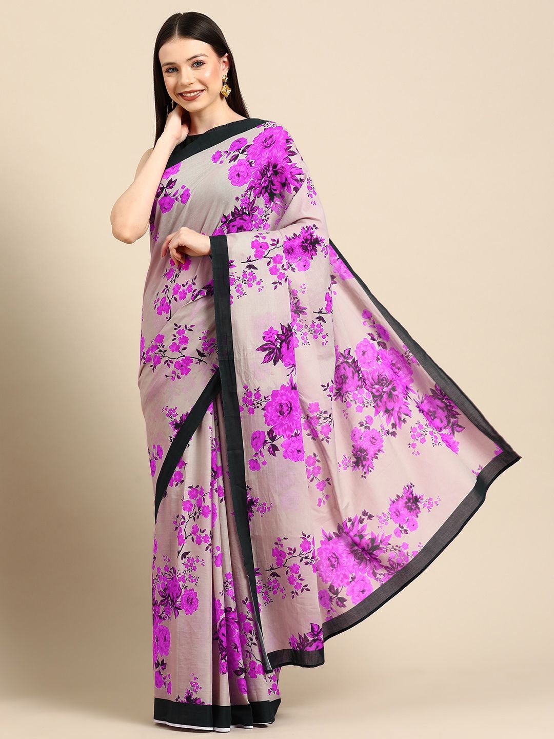 

BUTA BUTI Solid Floral Printed Pure Cotton Saree, Pink