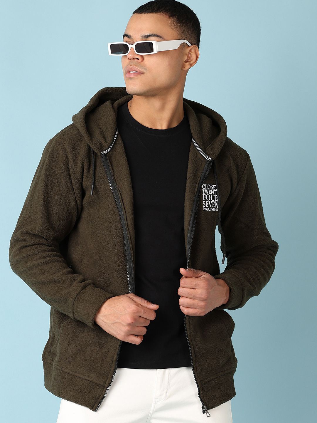 

V-Mart Men Solid Hood Cotton Front-Open Sweatshirt, Olive