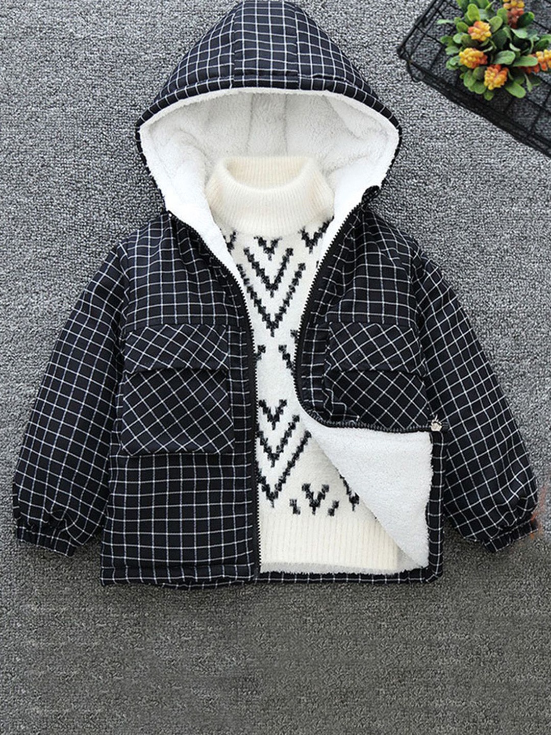 

INCLUD Girls Checked Faux Fur Trim Open Front Jacket, Black