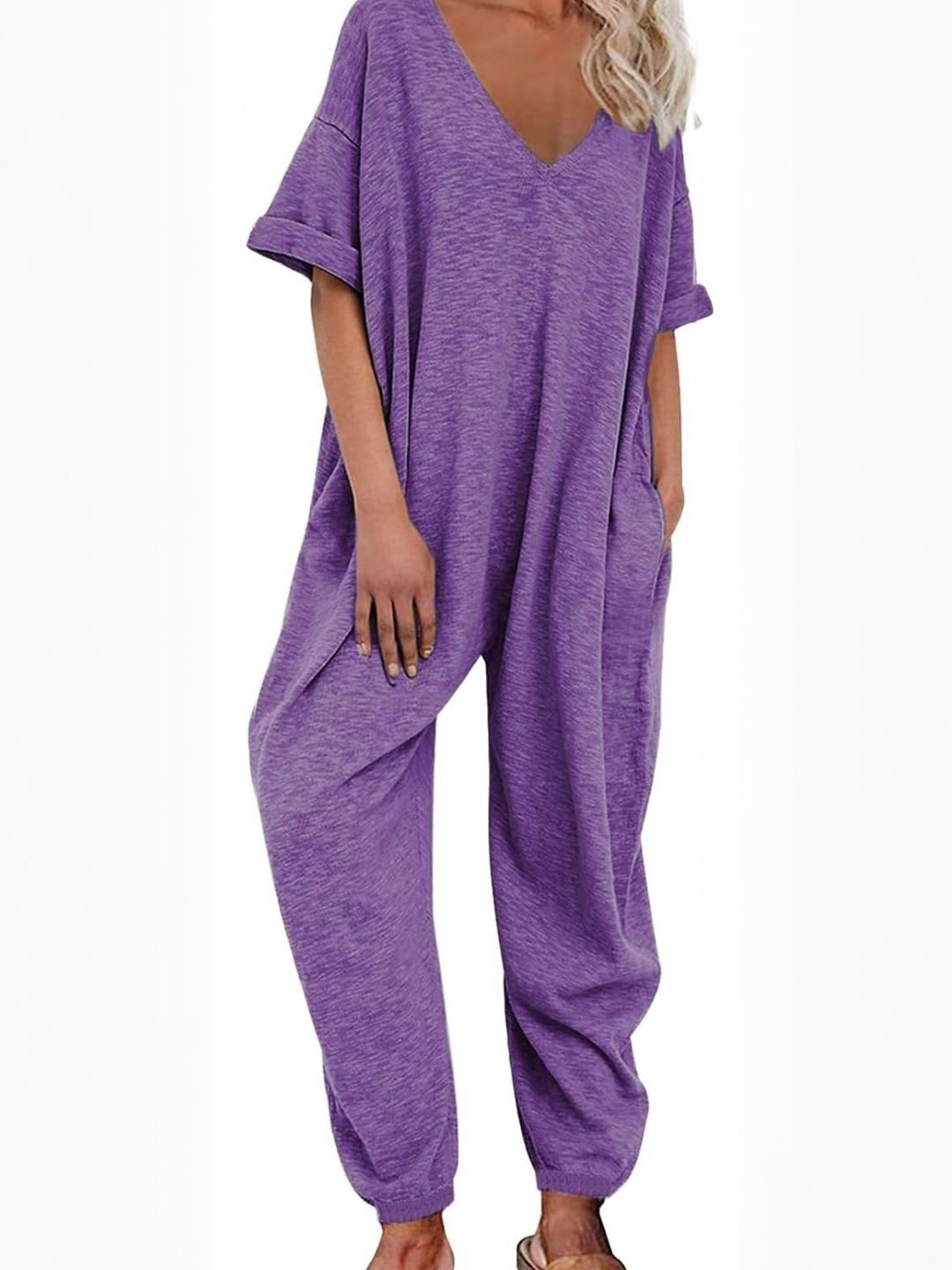 

KPOP Women Solid V-Neck Basic Jumpsuit, Purple