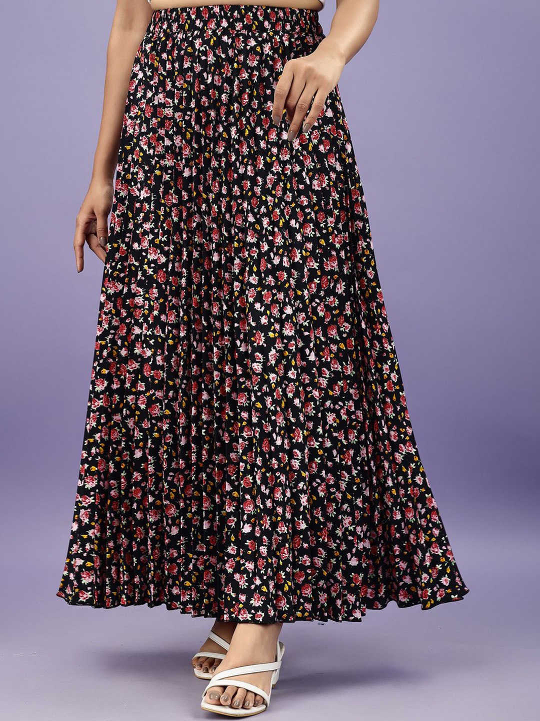 

ZWERLON Floral Printed A-Line Maxi Skirt, Black