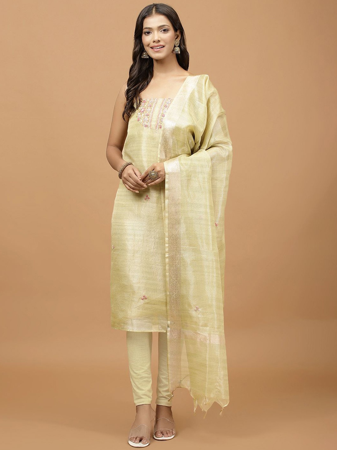 

Meena Bazaar Floral Embroidered Sequinned Unstitched Dress Material, Gold