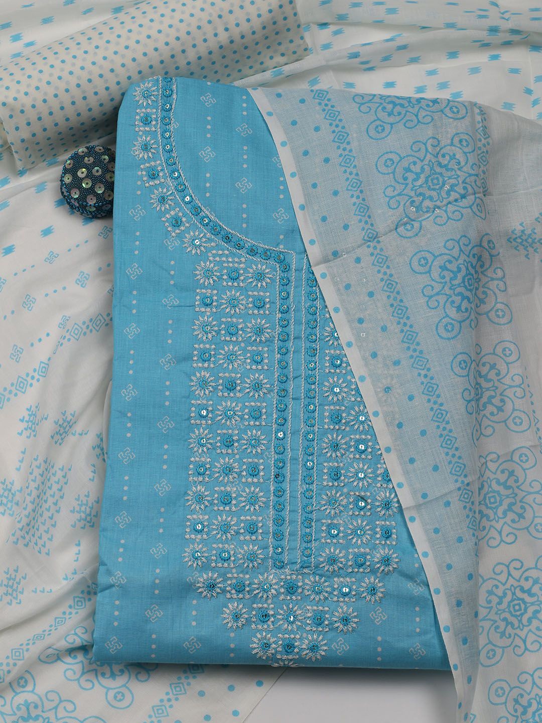 

Meena Bazaar Ethnic Motifs Printed Sequinned Unstitched Dress Material, Blue