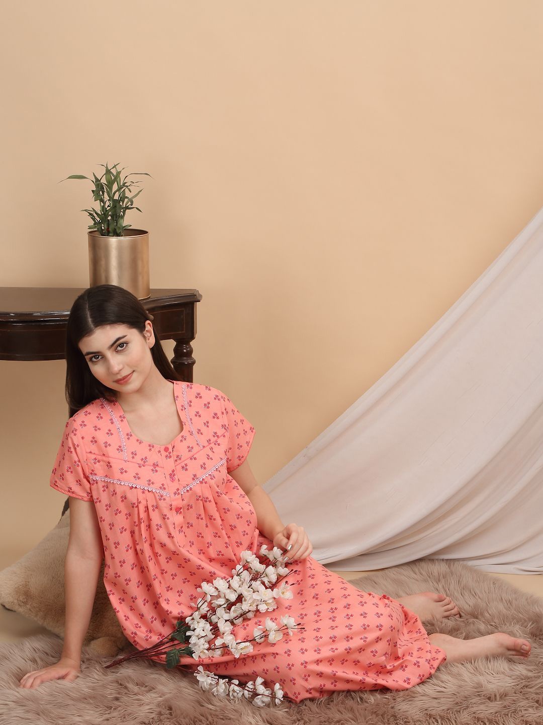 

Sweet Dreams Women Printed Ethnic Motifs Round Neck Maxi Nightdress, Peach