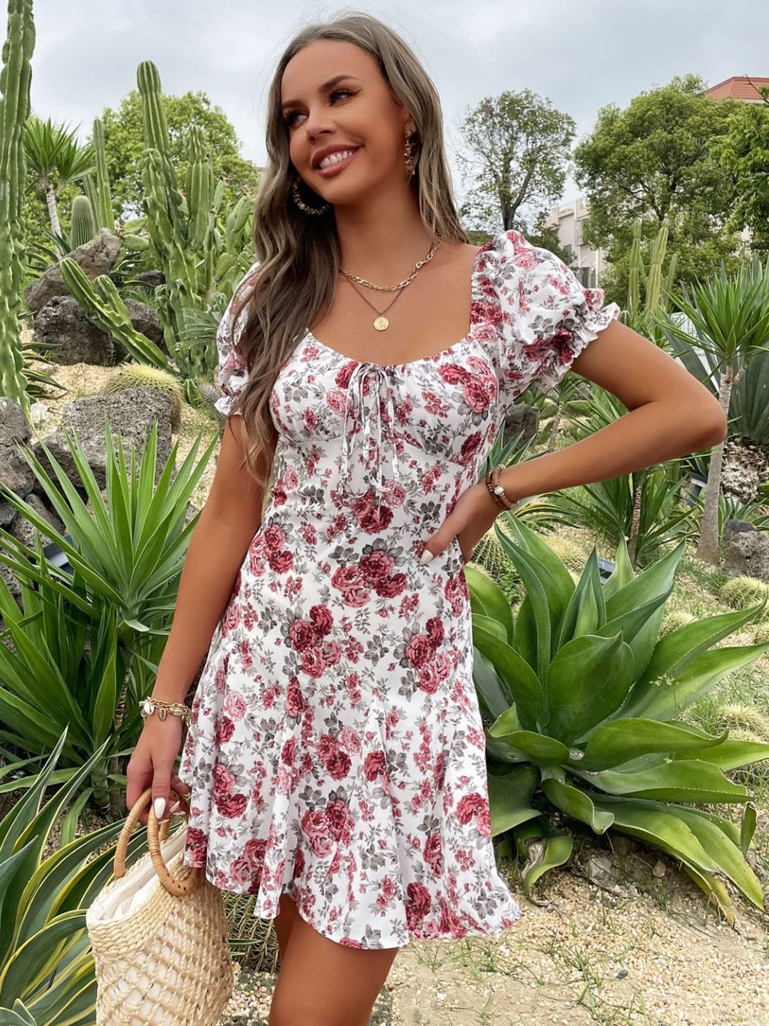 

KPOP Floral Print Puff Sleeve A-Line Mini Dress, White