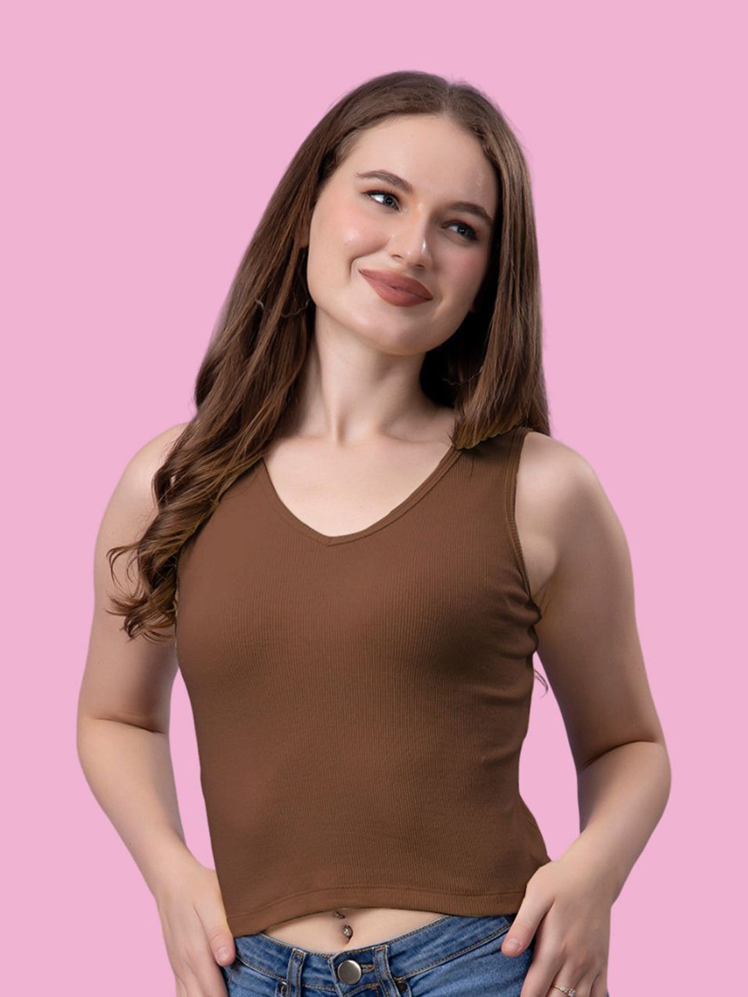 

Friskers Women Solid V-Neck Cotton Top, Brown