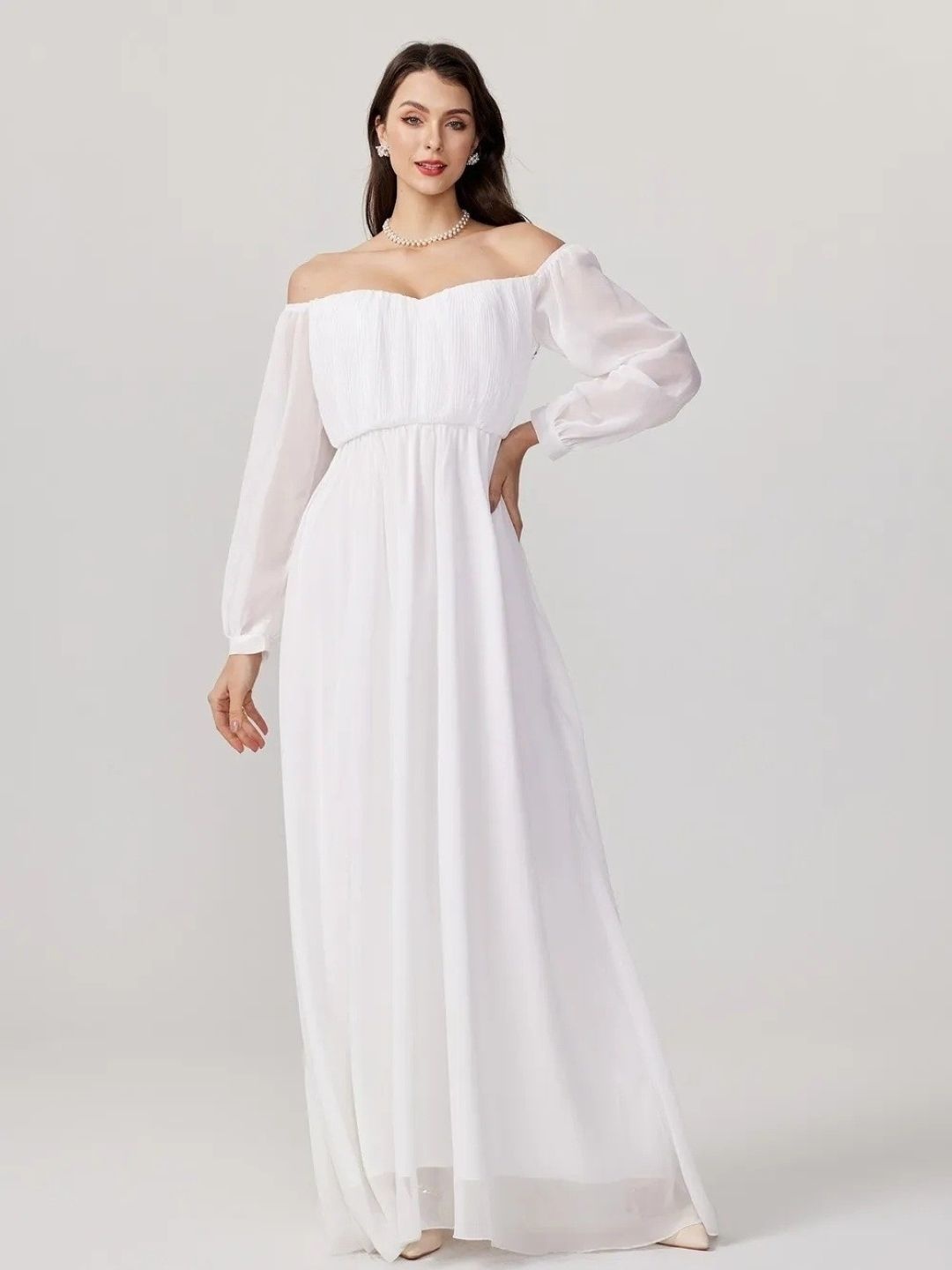 

KPOP White Off-Shoulder Fit- Flarte Long Sleeves Polyester Maxi Dress