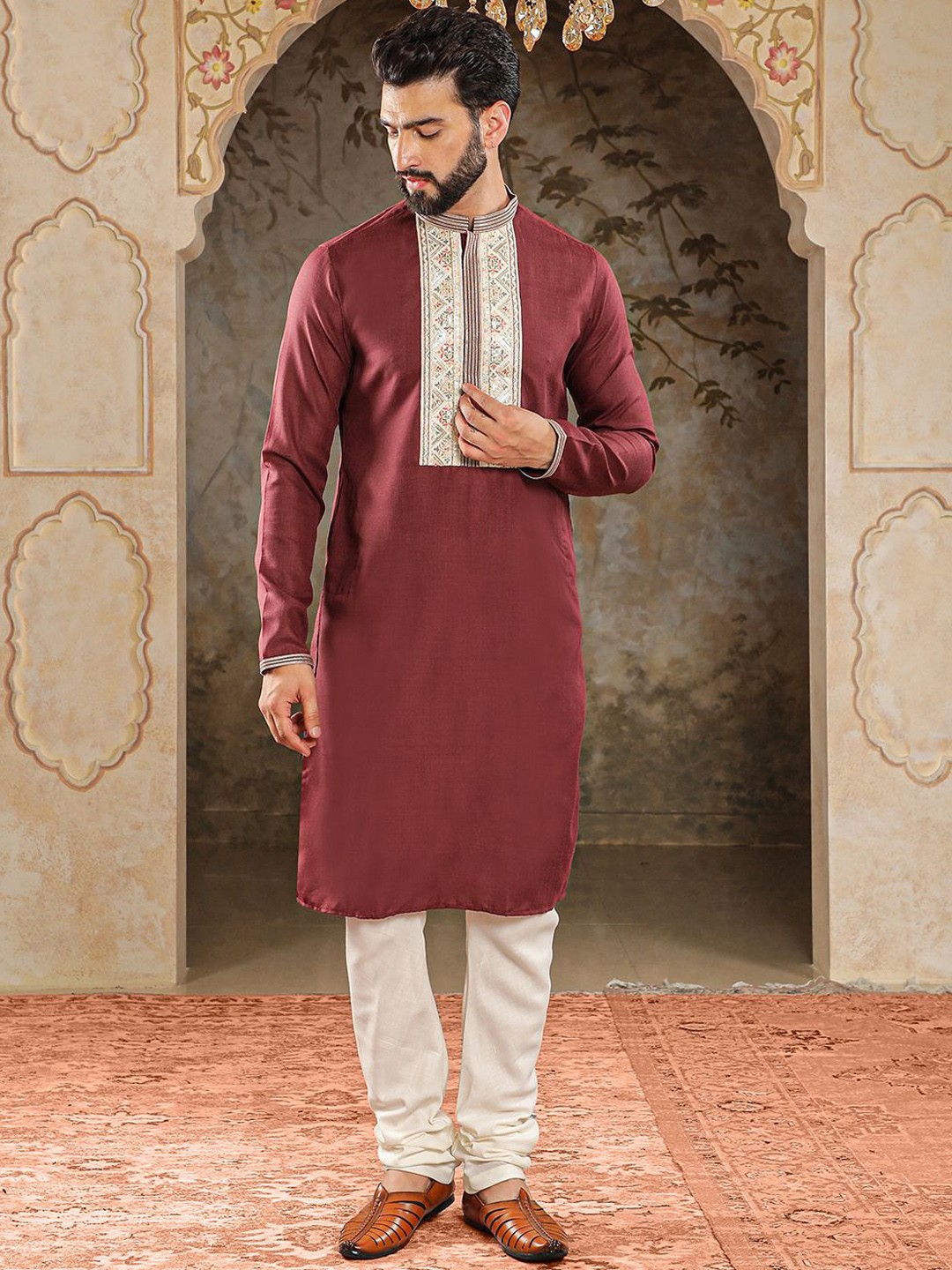 

HOUSE OF DEYANN Floral Yoke Design Sequinned Jacquard Weave Straight Kurta with Churidar, Brown