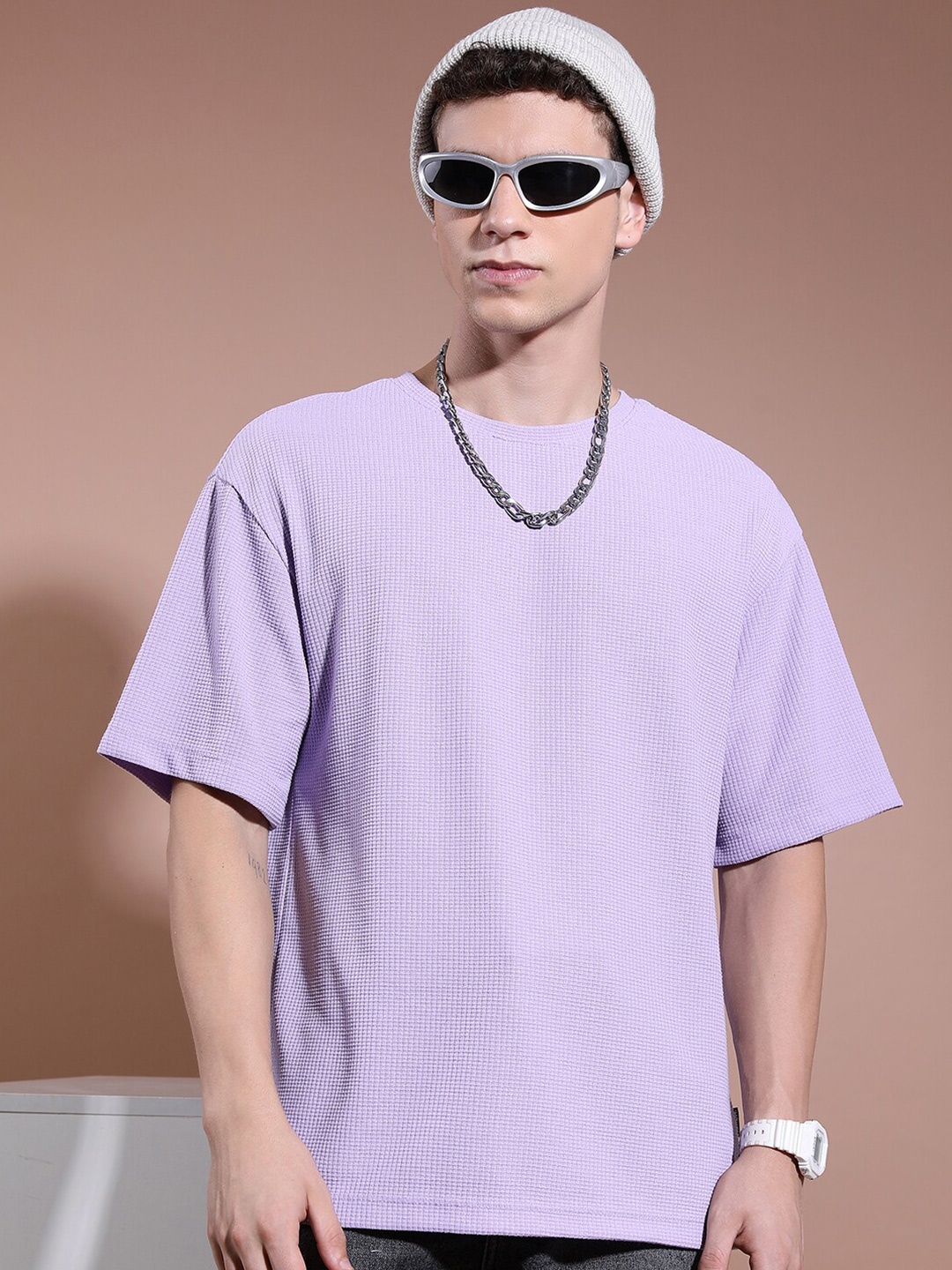 

Highlander Men Lavender Drop Shoulder Oversized Popcorn Structure T-Shirt