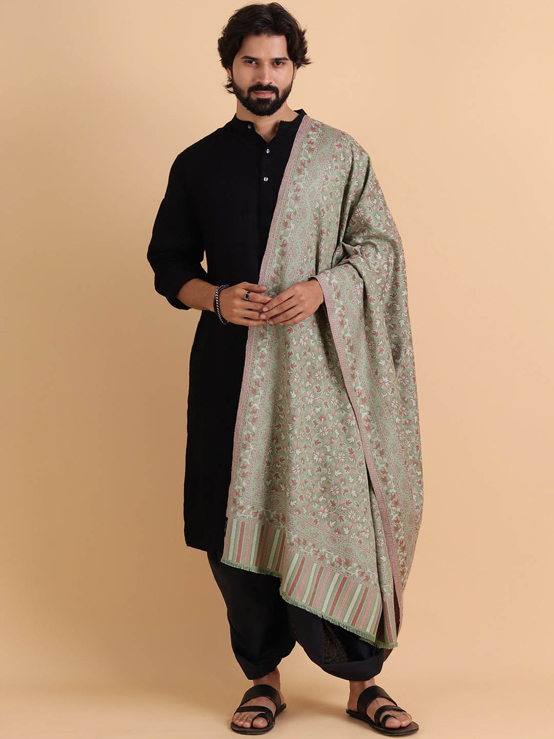 

Tweedle Kashmiri Kani Floral Woven Design Acrylic Shawl, Olive