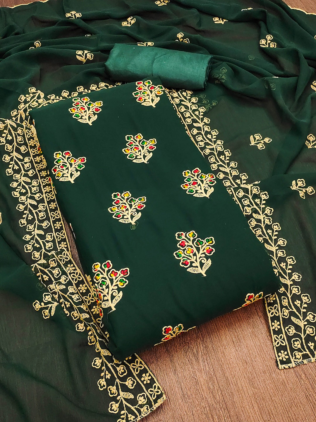 

KALINI Floral Embroidered Silk Georgette Unstitched Dress Material, Green