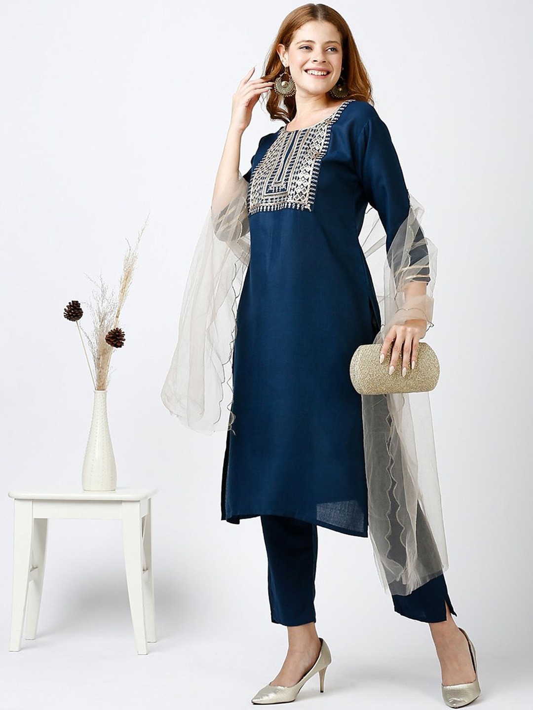 

VredeVogel Floral Yoke Design Sequinned Kurta with Trousers & Dupatta, Teal