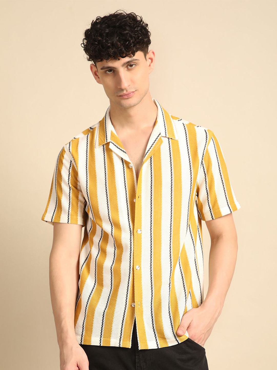 

Voroxy Men Relaxed Cuban Collar Vertical Striped Polycotton Casual Shirt, Yellow
