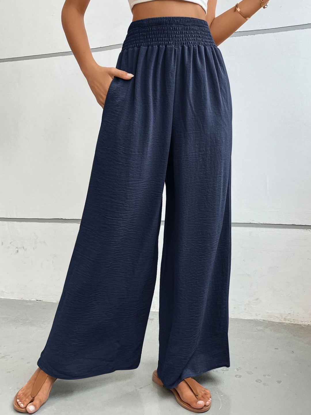 

KPOP Women Wide Leg High-Rise Tailored Trousers, Navy blue