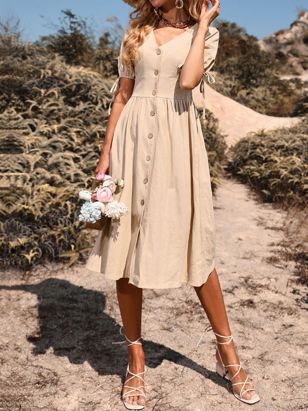 

KPOP Puff Sleeve Cream V-Neck Solid Knee Length Short Sleeves Fit- Flare Dress
