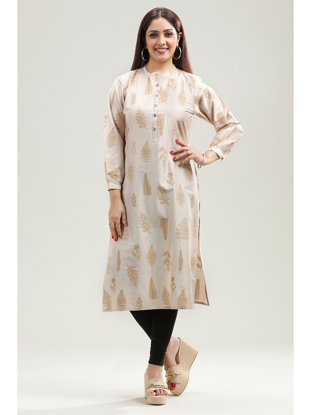 

COTTON CULTURE Floral Printed Mandarin Collar Straight Kurta, Off white