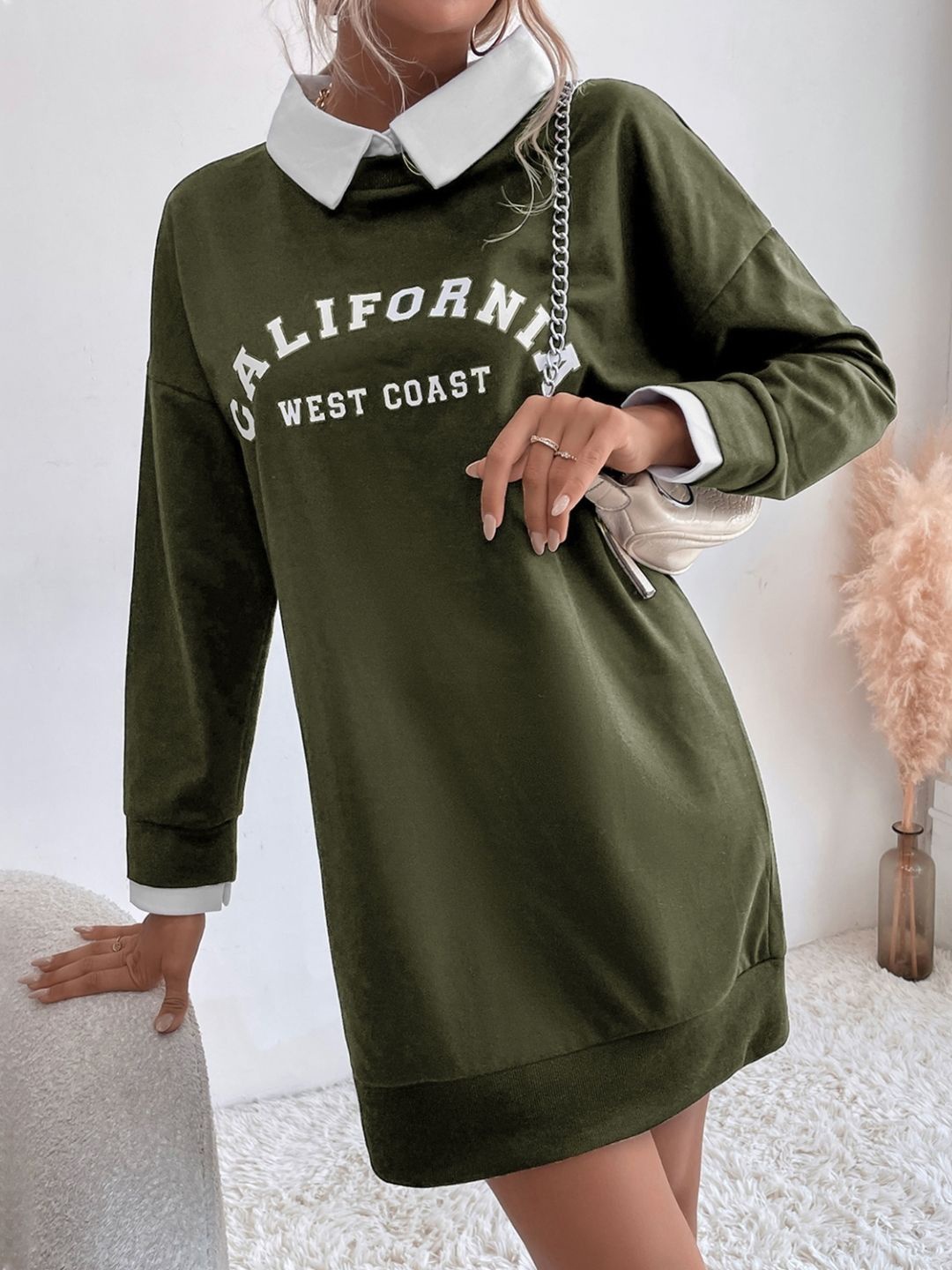 

KPOP Women Typography Printed Shirt Collar Pullover Sweatshirt, Green
