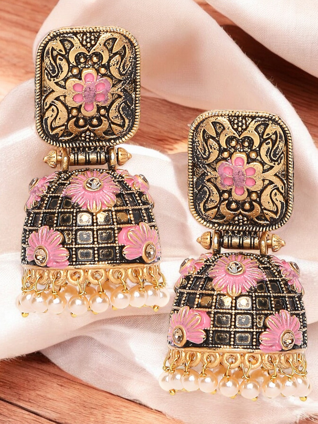 

OOMPH Kundan Studded Floral Meenakari Jhumkas, Gold