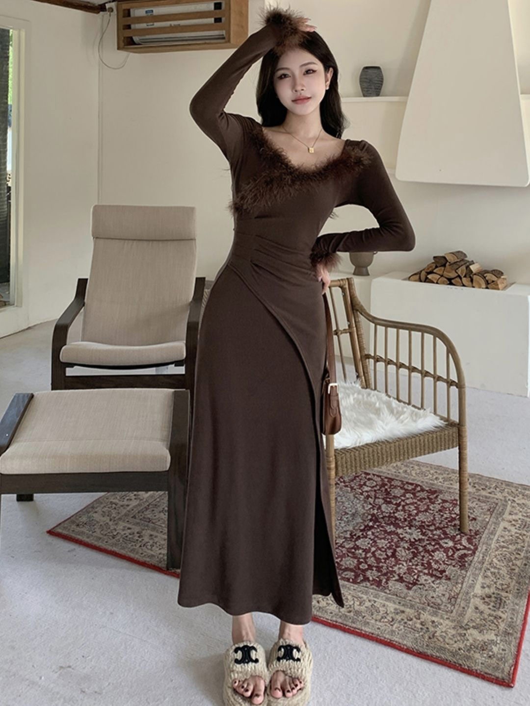 

KPOP Women Self Design Wrap Maxi Dress, Brown